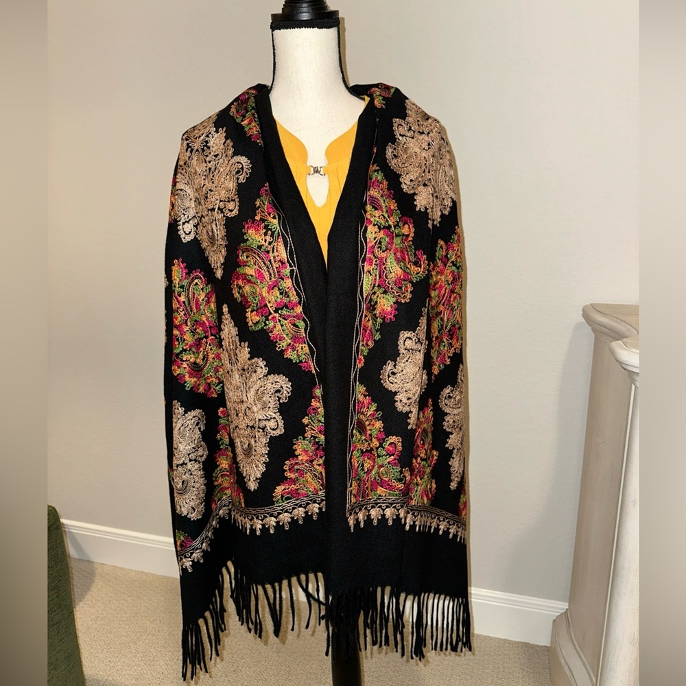 Woolen Embroidered Shawl Wrap Scarf Black/Multi Color Brand New